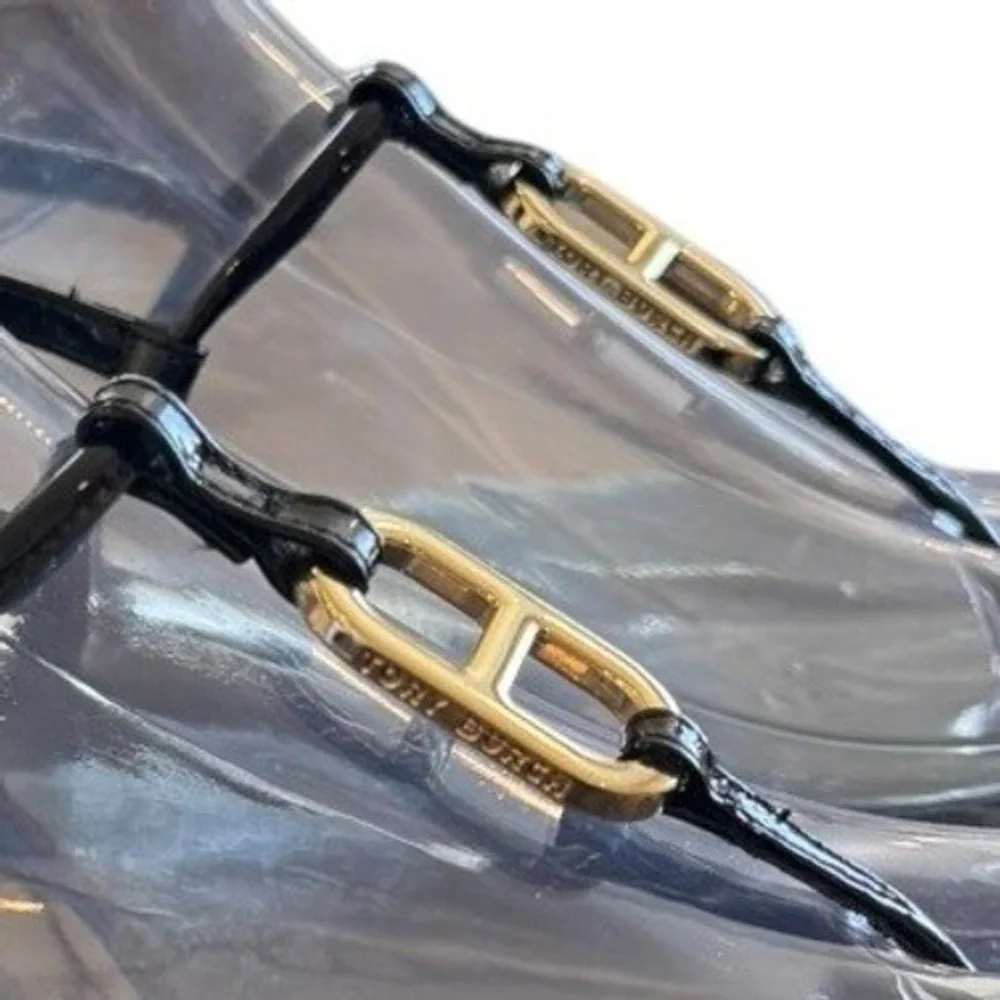 Tory Burch Womens Patent Sandals 7M Black T Strap Thong Gold Link Minimalist